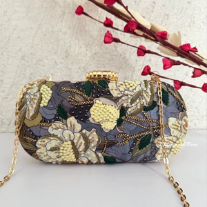 <b>Black</b> Floral Embroidered Crystal Pearl <b>Clutch</b> <b>Bag</b> | Elegant Beaded Evening Purse with Chain Strap <b>for</b> <b>Wedding</b> Parties and Events - Product Image 2
