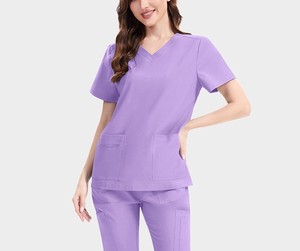 Women's <b>Purple</b> V-Neck Scrub Top With Pockets Polyester Woven Fabric Hospital Uniform - Product Image 5