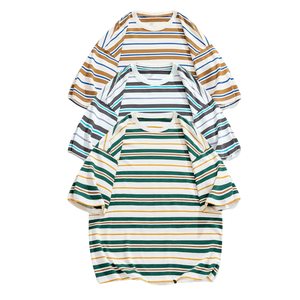 Camiseta de hombre extragrande multicolor, informal, a rayas, con cuello redondo, manga corta, diseño personalizado, 100% algodón, camiseta de alta calidad - Product Image 5