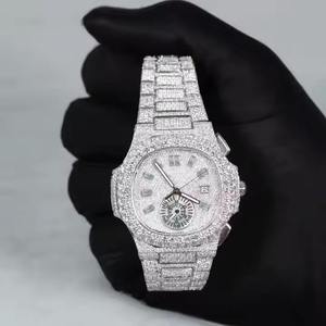 Reloj de Lujo con Diamantes para Hombre, Analógico de Cuarzo, Caja Redonda de 40 mm, Cristal de Zafiro, Cierre Desplegable, Correa de Acero Inoxidable, Esfera con Números Romanos - Product Image 1