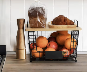 OEM/ODM Vietnam Eco Friendly Countertop Fruit Vegetable Storage <b>Wire</b> <b>Basket</b> with Multifunction Bamboo Lid Organizer - Product Image 1