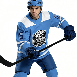 Maillot de hockey sur glace bleu personnalisé pour homme, respirant, écologique, imprimé numériquement, col en V, manches longues, 100 % polyester, maille color block - Product Image 1