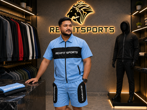 REXFIT SPORTS 2026 Conjunto Deportivo para Hombre, Azul Cielo, Algodón y Poliéster, Manga Corta, Chaqueta con Cierre Completo y Pantalones Cortos, Ropa Deportiva Casual - Product Image 2