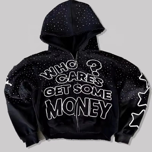 Sweat à capuche zippé oversize de luxe en strass pour l'hiver, style streetwear, effet délavé, avec motifs en cristaux, en polyester/coton pour hommes et femmes - Product Image 4