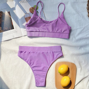 Conjunto de Bikini Morado para Mujer, Top Bandeau, Braguita Tanga, Ribete en Contraste, Secado Rápido, Traje de Baño de Color Sólido, Spandex y Nailon - Product Image 4