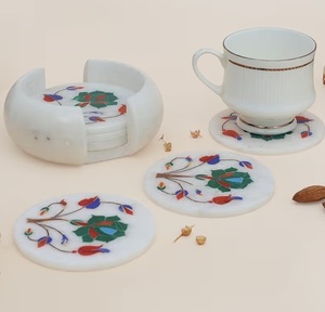 Export Quality 6 Piece White Marbal Coaster <b>Set</b> Stone White & mix <b>colour</b> flowers - Product Image 2