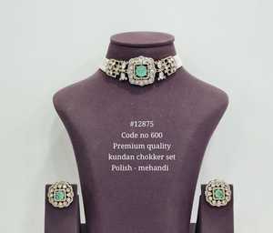 12875Kundan Choker <b>Necklace</b> <b>Set</b> Mehandi Plated Imitation <b>Pearl</b> Brass Geometric Jewelry for Wedding Engagement Party Wear - Product Image 4