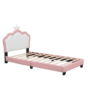 Letto a piattaforma singolo bianco e rosa con testiera e pediera a corona, letto imbottito per bambini stile principessa - Product Image 5