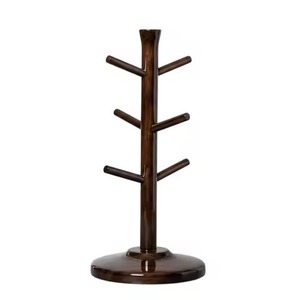 Support à tasses en acajou foncé poli, pilier massif à 6 branches allongées, base ronde, pour comptoir de cuisine, arbre à tasses à café - Product Image 1