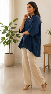 Ocean Blue Woven Solid Dupion Silk Loose V-<b>Neck</b> Top - Product Image 5