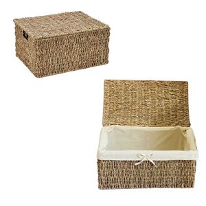 Panier de rangement en osier et jonc de mer avec couvercle, écologique, fait main, design tressé, doublure en tissu de coton, forme rectangulaire, multi-usages pour la maison - Product Image 1