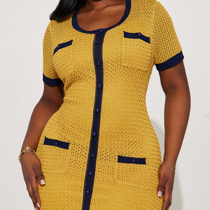 Vestido Maxi de Punto Amarillo con Botones, Manga Corta, Estilo Tubo, Color Sólido, Transpirable, Vestido Casual de Verano para Mujer - Product Image 3