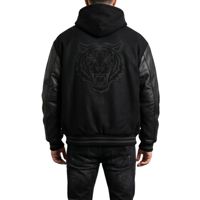 Blouson universitaire surdimensionné respirant en laine premium noir triple avec broderie de patchs tonal et lettres pour homme