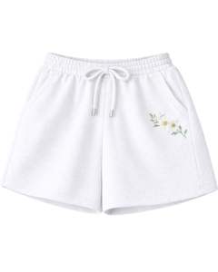 Ensemble décontracté deux pièces pour femme : débardeur court côtelé et short à cordon de serrage, blanc pur avec broderie florale, personnalisable - Product Image 2