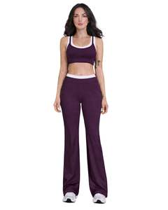 Conjunto Deportivo Personalizado para Mujer, Color Morado Ciruela y Blanco en Contraste, Sujetador Deportivo y Pantalones Acampanados, Cintura Alta, Elástico, para Yoga, Fitness, Gimnasio, Venta al Por Mayor OEM - Product Image 1