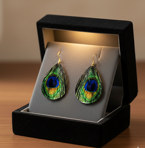 Boucles d'oreilles pendantes en laiton faites à la main, motif plume bleue turque, style bohème pour soirée, avec revêtement PU résistant au ternissement, pour femme - Product Image 5