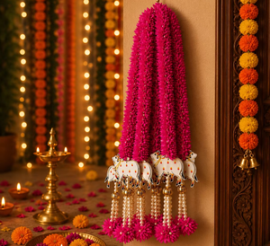 Tapiz de pared tradicional de tela rosa con borlas y cuentas blancas con diseño de vaca para decoración de entrada interior en Diwali. - Product Image 3