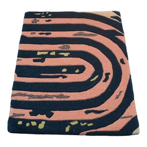 Tapis personnalisé en laine et viscose tufté à la main, motif abstrait moderne d'arc concentrique arc-en-ciel, bleu marine, rose corail, design à boucles dorées - Product Image 4