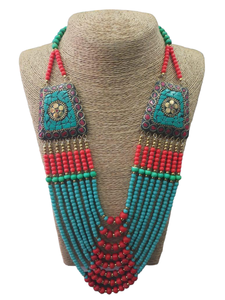 Collar étnico con cuentas de mosaico para mujer, turquesa, rojo, verde, de múltiples hilos, joyería étnica india para fiesta - Product Image 2