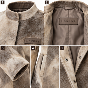 Manteau long en fourrure de vachette beige taupe mouchetée pour femme, col montant à boutons-pression dissimulés, fabrication OEM, fournisseur personnalisé - Product Image 6
