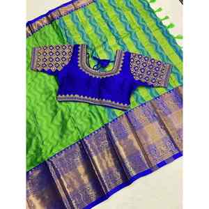 SAREE DE TRAVAIL ATTRACTIF EN JACQUARD EN COTON AVEC BLOUSE READY MADE VERT - Product Image 1