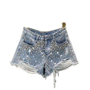 Shorts en jean personnalisés pour femme, coupe ajustée sexy, taille haute, en denim bleu coloré - Product Image 1