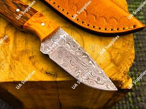 Couteau de chasse en acier Damas avec manche en bois, lame à pointe tombante, couteau de survie en plein air, lame fixe ultra-affûtée - Product Image 5