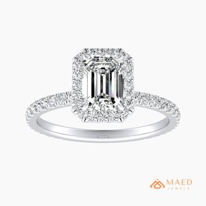 Moissanite Halo <b>Emerald</b> Cut <b>Ring</b> for Women <b>Silver</b> Tone Engagement Wedding Anniversary Luxury Jewelry Elegant Daily Wear - Product Image 1