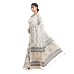 Sari en soie et coton à motif géométrique crème avec bordure grise, tissu Habotai tissé pour femmes, poids moyen, 58/60 pouces - Product Image 3