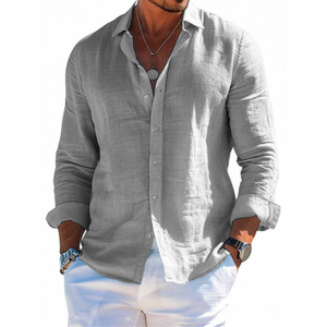 Chemise décontractée pour homme OEM, automne, tricotée unie en polyester/rayonne, mode polyvalente, plage, manches longues, col à revers, bouton unique, coupe ajustée - Product Image 3