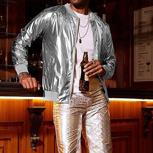 Men's Metallic Jacket <b>70s</b> Disco Dance Party <b>Costume</b> Shiny Varsity Zipper Baseball Bomber Jacket Retro Vintage Glitter Clubwear - Product Image 3