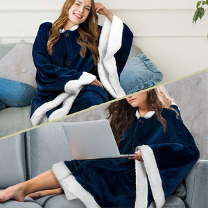 <b>Wearable</b> <b>Blanket</b> Hooded Plush Navy Blue With White Trim Classic Style Soft Cozy One Piece Covering Sleepwear - Product Image 5