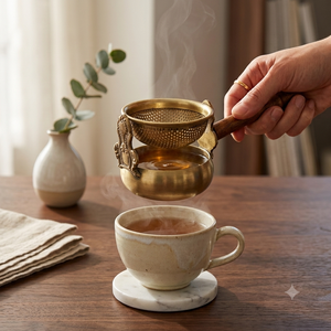 Colador de té de latón dorado con diseño de pétalos festoneados, mango de doble asa, tazón perforado fino para infusión de té de hojas sueltas y hierbas - Product Image 4