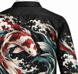Herren Langarm-Hemd in Schwarz mit Knöpfen, Koi-Fisch und Meereswellen-Druck, Künstlerisches Casual-Oberteil, 100% Baumwolle, Atmungsaktiv - Product Image 5