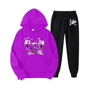 Conjunto Deportivo Casual de Otoño para Mujer, Sudadera Morada con Estampado de Copa de Vino y Pantalones Deportivos Negros con Estampado de Amor, Manga Larga, Transpirable - Product Image 1
