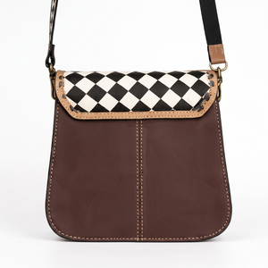 Vintage Genuine Leather Lightweight Shoulder Bag Black White Diamond Lattice Pattern Single Strap Lock Closure All Seasons Carry - Product Image 2