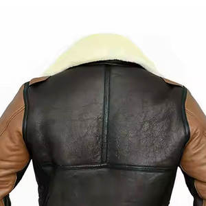 Blouson aviateur en cuir véritable pour homme avec doublure en fausse fourrure, design color block, coupe-vent, style motard, vêtement d'hiver - Product Image 5