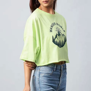 INDEX APPAREL Women's Green Crop <b>Top</b> Crew Neck Short Sleeve Wander Woman Print Casual Spring Summer Wear - Product Image 2