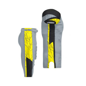 Ensemble d'uniformes de football américain personnalisés gris, noir et jaune, sublimés, anti-transpiration, col en V, manches courtes, maillot et pantalon pour homme adulte - Product Image 4