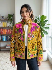 <b>Women</b>’s Embroidered <b>Velvet</b> <b>Jacket</b> with Tiger and Floral Applique, Stand Collar Long Sleeve Fashion <b>Jacket</b> - Product Image 3