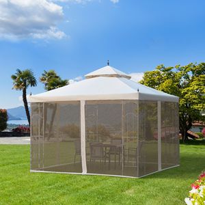 Pergola de jardin en acier blanc crème imperméable 10x10 avec rideaux en maille et étagères, poteaux métalliques - Product Image 2