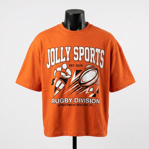 T-shirt en jersey de coton épais 220 GSM pour homme, coupe oversize, style streetwear, imprimé graphique rugby orange avec logo - Product Image 5