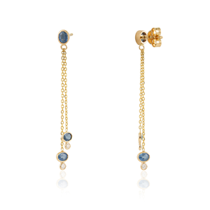 Boucles d'oreilles pendantes pour femme en or jaune pur 18 carats, saphir bleu et diamant, serties clos, légères, à double maillon, best-seller - Product Image 5
