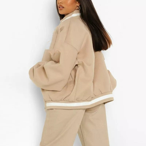 Unisex Beige Leather Varsity Jacket White Trim Stand Collar <b>Button</b> Closure Casual Winter Outerwear Loose Fit Regular Sleeve - Product Image 2