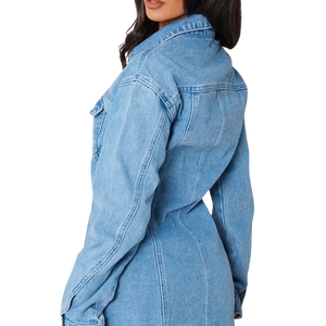Robe chemise en jean pour femme avec logo personnalisé, coupe ample, manches longues, col rabattu, boutonnée sur le devant, en coton délavé, décontractée, pour le printemps - Product Image 2