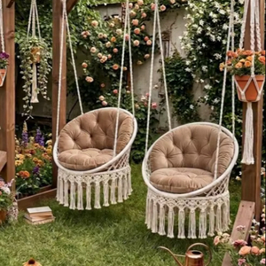 Ensemble de balançoires de jardin en macramé, balançoire de style bohème, chaise suspendue faite à la main avec coussins, décoration de patio extérieur, balançoire de véranda bohème - Product Image 1