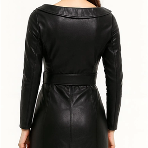 Women's Black Faux Leather Maxi Dress With Zipper And Belt Asymmetrical Collar Three Quarter Sleeve - Product Image 5