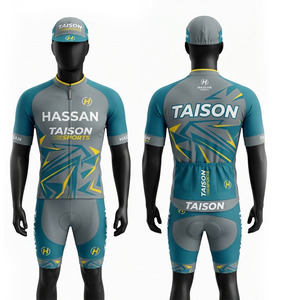 Tenue de cyclisme pour homme, tissu polyester spandex premium 200 GSM, design gris et turquoise avec rembourrage en gel, logo personnalisé par sublimation - Product Image 1