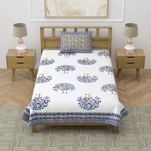 Heritage <b>Single</b> Cotton <b>Bedsheet</b> Blue Floral Tree Hand Block Print with Pillow Cover for Hotel Home Bedding - Product Image 2