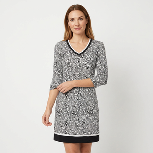 Robe en tricot à imprimé léopard à col en V, manches trois quarts, style décontracté, longueur genoux, matière polyester extensible, séchage rapide - Product Image 4